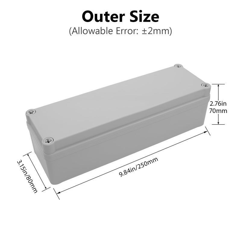 LeMotech IP67 Waterproof Junction Box ABS Plastic Project Box Dustproof Electrical Box Outdoor Enclosure for Electronics DIY Case Gray 9.8X 3.1x 2.8 inch (250x 80x 70 mm) - Image 2